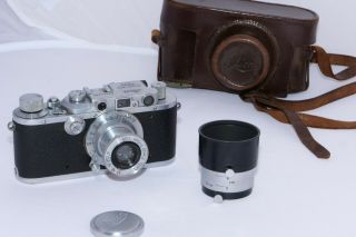 Vintage Leica Iiia Rangefinder 35mm Film Camera With 5cm F3.  5 Elmar Lens.  W/shade