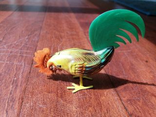 Vintage Wind - Up Rooster Chicken Tin Lithograph Toy Kohler US Zone Germany 1940s 2