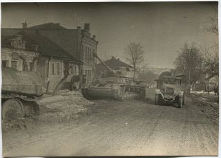 Wwii Large Size Photo: Abandoned German P - Iv Tank,  Russian Army Truck Passing By