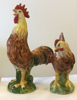 Vintage 1951 Large Rooster Hen Set Pottery Ceramic Figural Signed