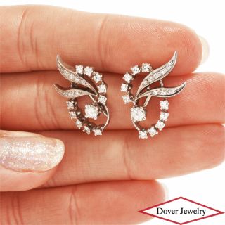 Vintage 0.  85ct Diamond 14k White Gold Floral Stud Earrings 5.  1 Grams Nr