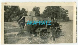 German Ww2 Photo,  Destroyed Half Track Inspected By Panzer Soldier
