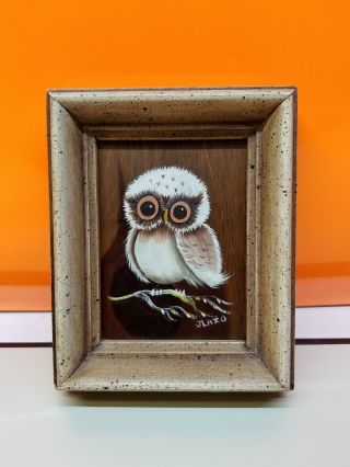 Mini Vintage Wood Framed And Signed Painting Of An Owl On Wood Canvas