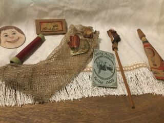 Antique Christmas Stocking Complete With Contents Toys Game Crayons