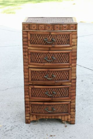 Vintage Real Tortoise Bamboo Woven Rattan Dragon Hardware Dresser Cabinet Boho