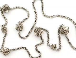 Chanel Wire Pearl Chain Necklace 37 " Silver Tone Vintage W/box V1335