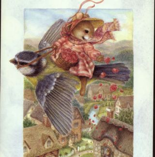 Susan Wheeler.  Mouse Riding Bird Showers Roses " Thank You " Greeting Card
