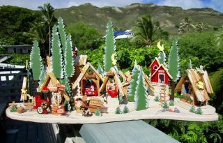 Vintage Emgee Hawaii Wooden Christmas Ornament Reindeer Village Table Display