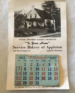Appleton Wisconsin 1953 Service Bakery Calendar Advertising Neenah Menasha Wi