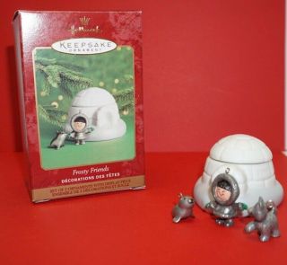 2000 Hallmark Frosty Friends 3 Pewter Mini Ornaments W/porcelain Keepsake Igloo