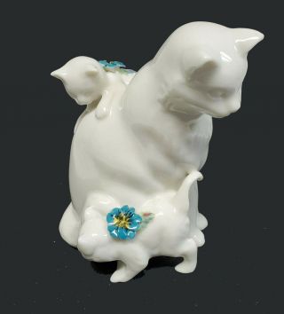 Belleek Fine Parian China Mother Cat With Kittens Blue Flowers