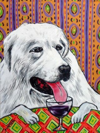 Wine Art 8x10 Print With Great Pyrenees Dog Modern Folk Art Poster Gift Jschmetz