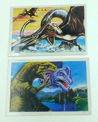 Vintage Japanese 3.  5 X 5 Cards - Fighting Dinosaurs