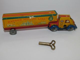 Vintage Ranger Motor Line Tin Litho Toy Wind Up Semi Truck