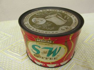 S&w Vacuum Packed Coffee Can 1lb Tin Red Gold With Advertising On Lid Full