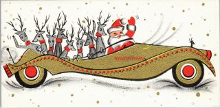 Santa Claus Car Reindeer Deer Automobile Gold Mcm Vtg Christmas Greeting Card