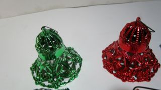 6 Vintage 1950 ' s flash painted filigree plastic Christmas bell ornaments 2