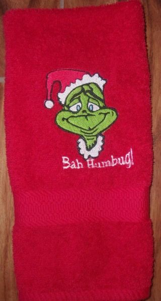 Christmas Red Bah Humbug Grinch With Santa Hat Embroidery Hand Towel Handmade