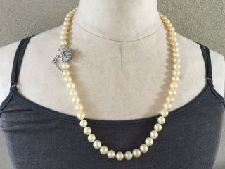 Vintage 8mm Cultured Akoya Pearl Necklace With 18k White Gold Diamond Clasp 23 "