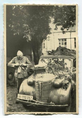 German Wwii Archive Photo: Elite Forces Soldier With Vintage Opel Motor Car