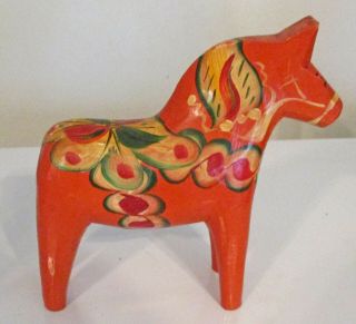 Swedish Hand Painted Carved Red Dala Horse G.  A.  Olsson Sweden With Sticker
