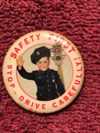 Hal Roach Studios Pinback Safety First Stop Drive Carefully Child Police Officer