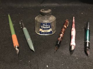Vintage Parker Quink Washable Blue Ink Glass 2oz Bottle With Pens