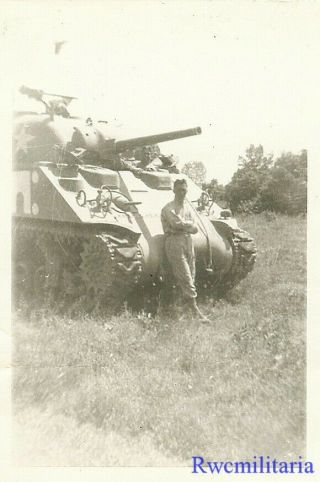Port.  Photo: Best Us Soldier Posed In Field In Front Of M4 Sherman Tank (2)