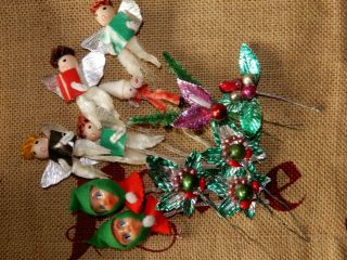 12 Vintage Christmas Gift Decor Picks Angels Spun Cotton Chenille Elves Mercury