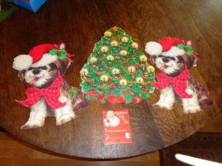 3 Vintage Diecut Cardboard Christmas Dog & Christmas Tree Decorations Matchbox