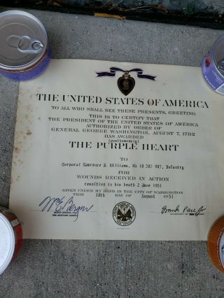 Vintage 1951 Korea War Purple Heart Casualty Certificate,  Harry Truman Letter