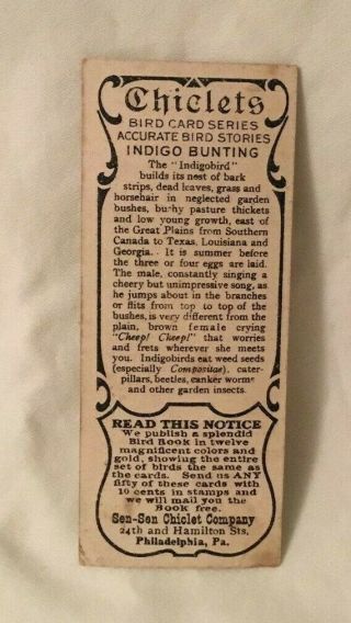 Early 1900 ' s Chiclets Chewing Gum Bird Card INDIGO BUNTING Sen Sen Chiclet Co. 2