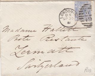 1881 Qv London Cover With A Fine 2½d Blue Stamp Plate 23 Sent To Switzerland