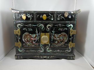 Vintage Japanese Jewelry Box Abalone Inlay Tigers And Dragons Black Lacquer