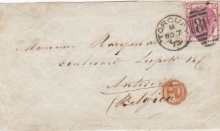 1873 Qv Torquay Cover With A Fine 3d Rose Stamp Plate 11 Sent To Antwerp