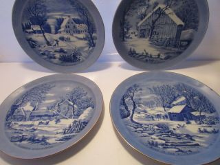 Set Of 4 Currier And Ives Vintage Blue Collectible Plates,  8 3/8 " Dia Gold Trim