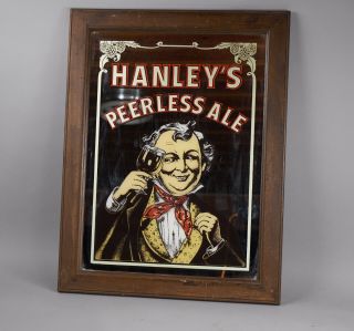 Vintage Hanley’s Peerless Ale Beer Glass Mirror Bar Sign Wood Frame Advertising
