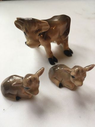 Vintage Miniature 3 Bone China Figurines Brown Cow Family