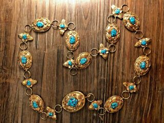 Vintage Tf Navajo 12k Gold F Over Sterling Silver Concho Belt W/ Turquoise