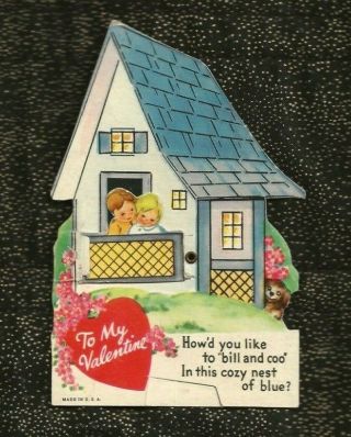 Vintage House Die Cut Valentine; Boy & Girl In Cozy Nest Of Blue On Balcony