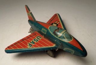 Vintage Saito Japan S2 Tin Friction Usaf Fighter Plane Penny Toy