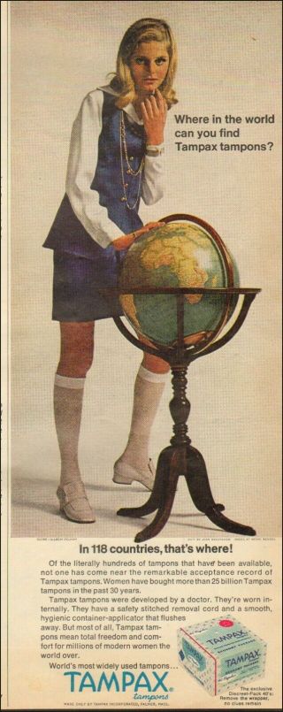 1970 Vintage Ad For Tampax Tampons`retro Fashion Sexy Model Globe (062319)