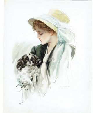 1909 Harrison Fisher Gibson Girl With Ribbon On A Hat Neckty Holding A Small Dog