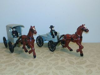 2 Rare Vintage Amish Wagon Cast Iron Horse Drawn Carriage Lancaster Toy Mfg
