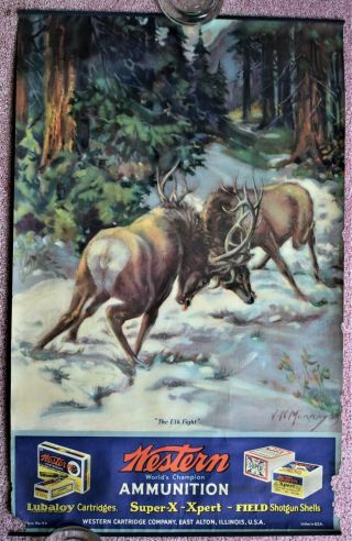1929 Western Ammunition Lubaloy Cartridge Advertising Poster " The Elk Fight "