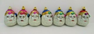 Vintage 1950’s Santa Claus Head Face Glass Frit Mica Christmas Ornament Set Of 7