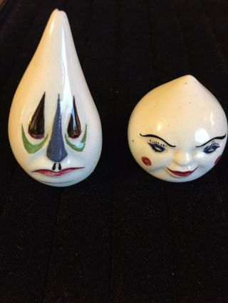 Vintage Drip And Drop Anthropomorphic Garlic Onion Face Salt And Pepper Shakers