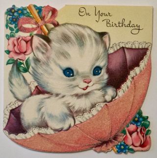 Vintage Greeting Card White Cat Kitten In Pink Parasol Umbrella Marjorie Cooper