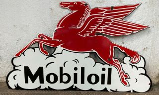 Vintage " Mobil Oil Pegasus " Left Side Facing Porcelain Enamel Sign 25 " X 42 "