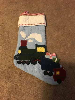 Pottery Barn Kids Blue Quilted Corduroy Train Cotton Christmas Stocking
